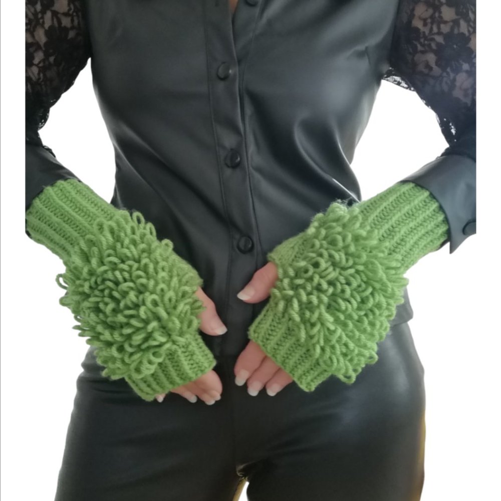 Green Fingerless Loop Knit City-Chic Statement Gloves Handmade in Canada